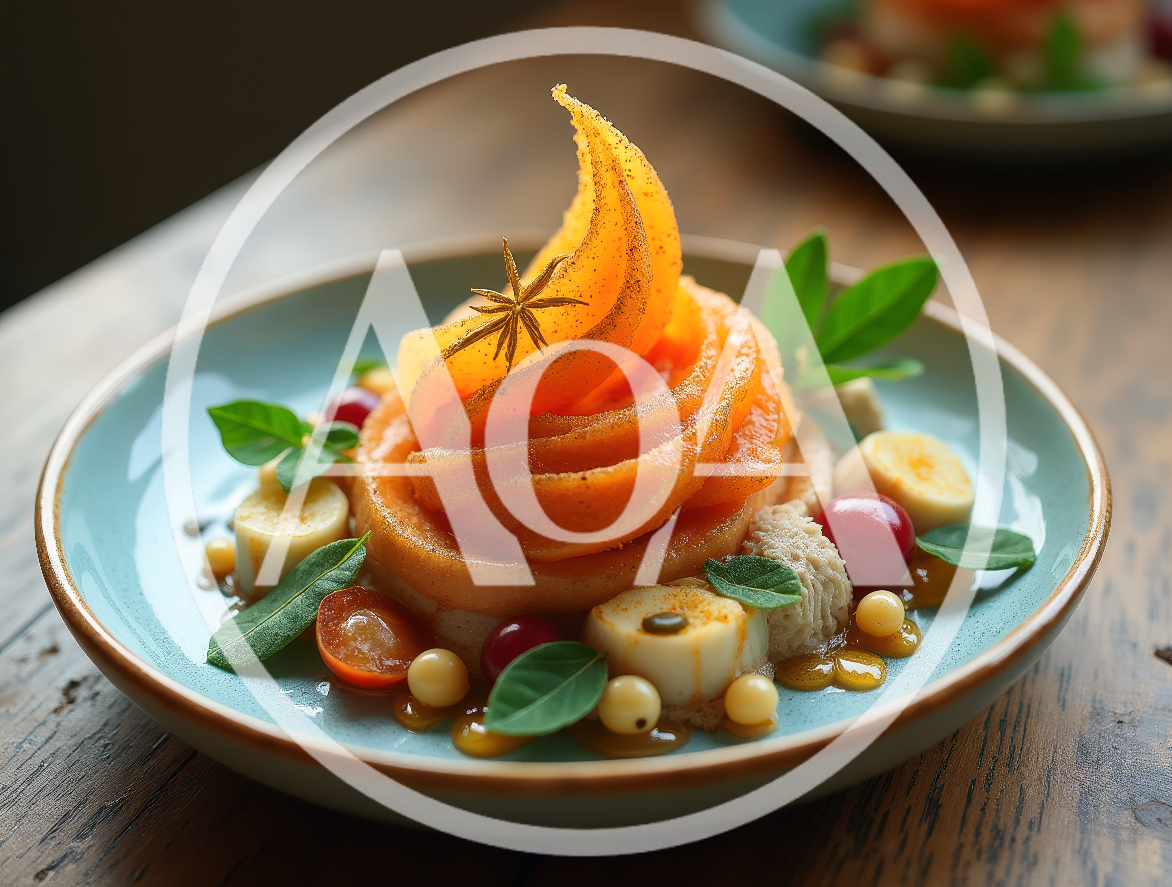Gourmet Plated Dessert With Spiced Fruit And Herbs