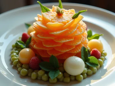 Artistic Fruit Salad Plating With Citrus Flower