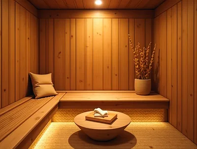 Minimalist Wooden Sauna Interior With Warm Ambient Lighting