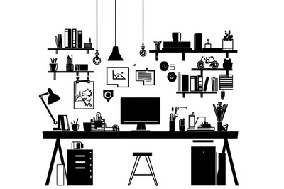 Minimalist Black And White Home Office Workspace Illustration