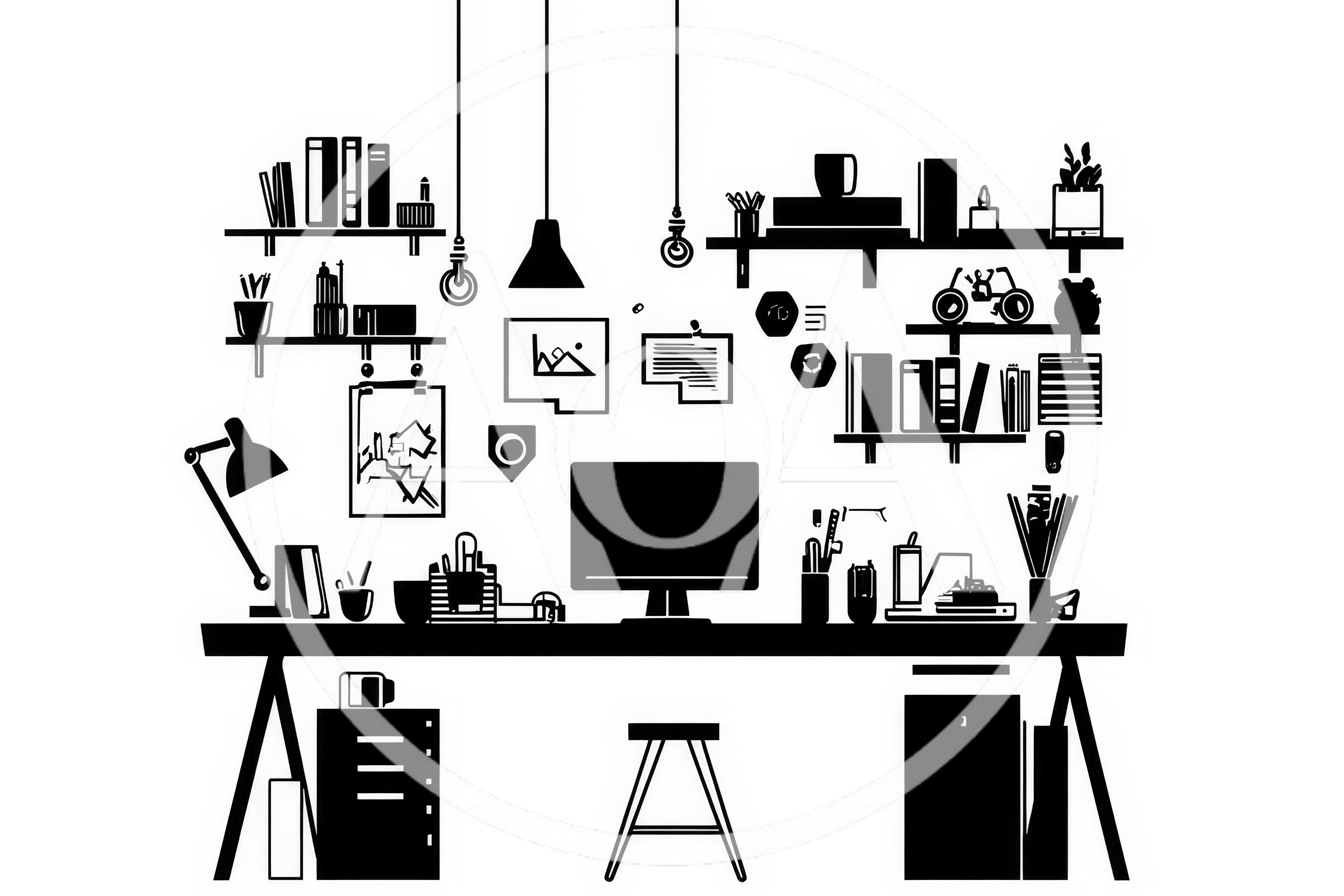 Minimalist Black And White Home Office Workspace Illustration