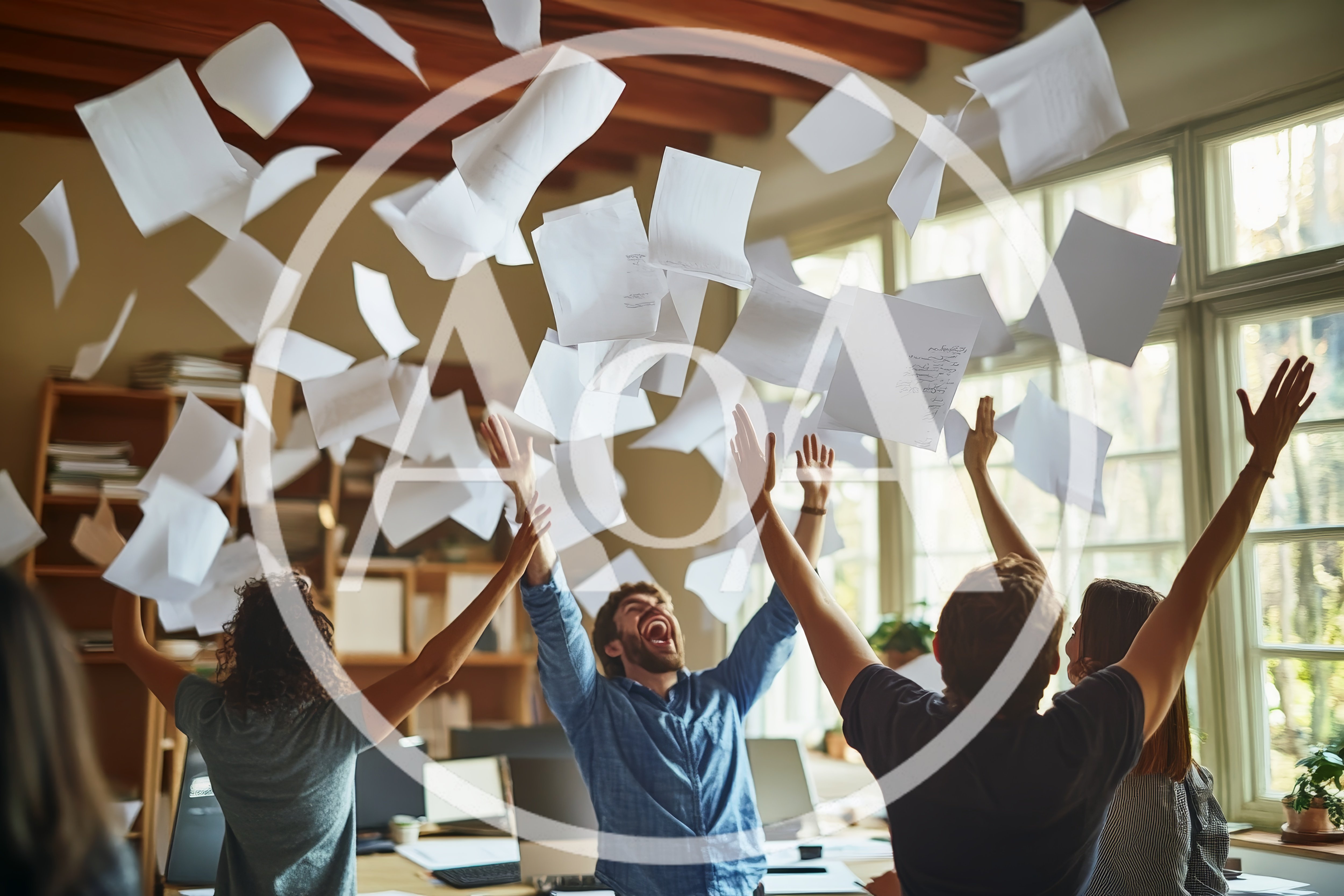 Office Colleagues Celebrating Success With Flying Paper