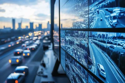 Traffic Monitoring Screens Overlooking Busy City Highway
