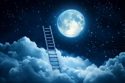 Wooden Ladder Reaching Toward A Glowing Full Moon