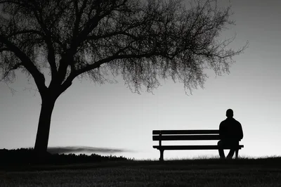 Silhouette Of A Man Sitting Alone On A Park Bench