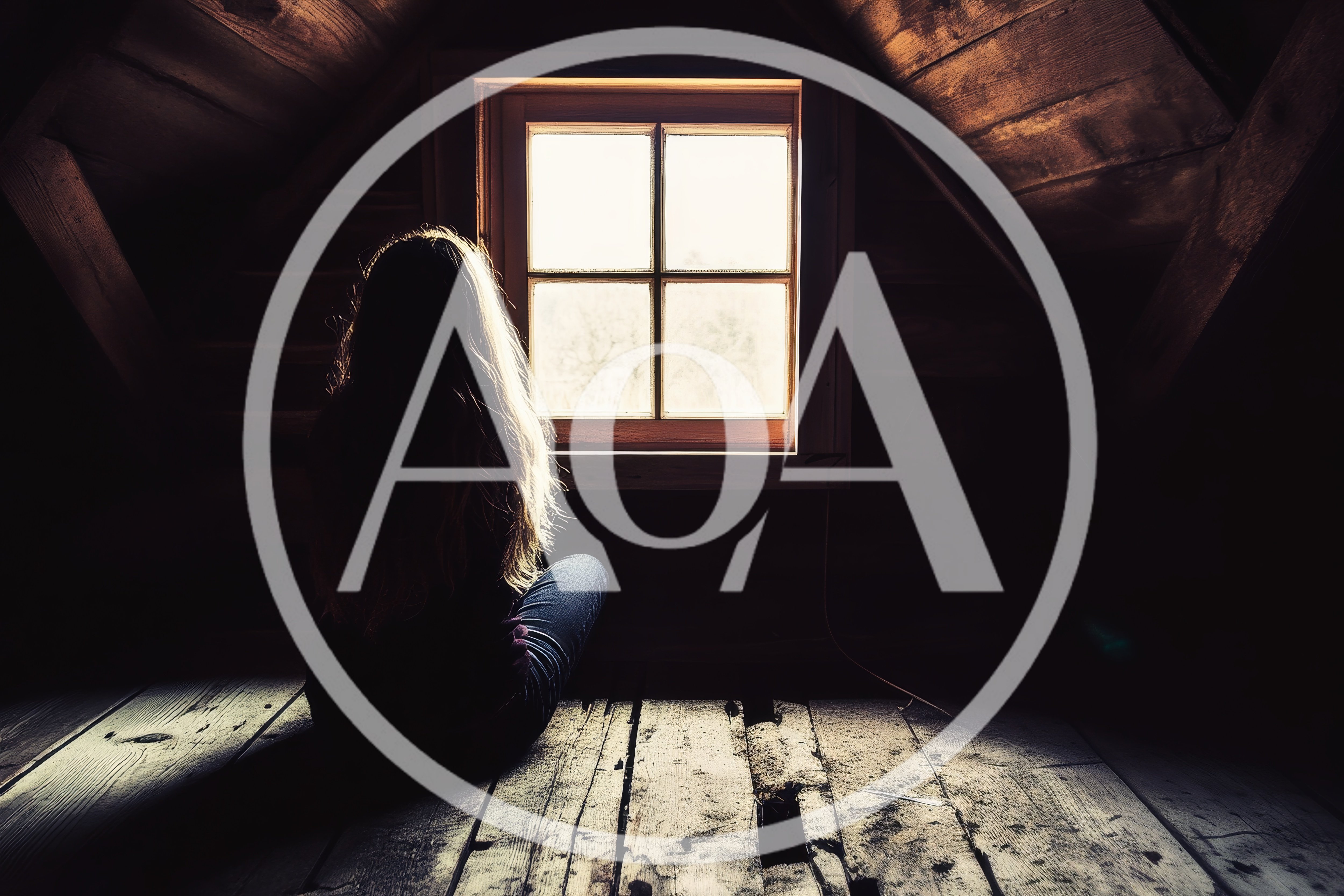 Young Woman Sitting Alone In A Dark Attic