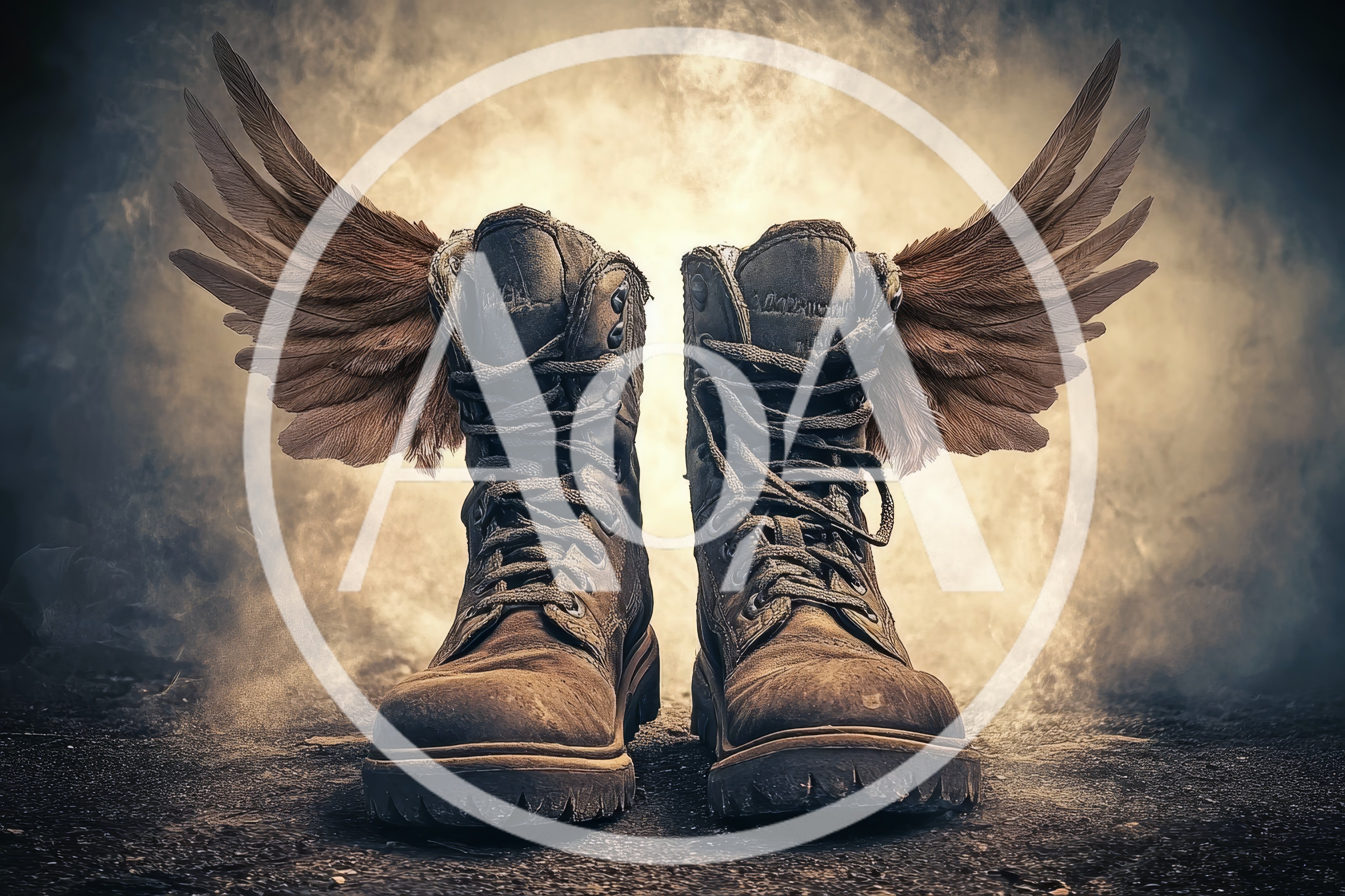 Winged Military Combat Boots In Smoky Atmosphere