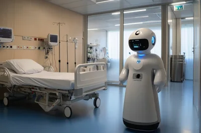 Autonomous Medical Robot Standing In Hospital Room
