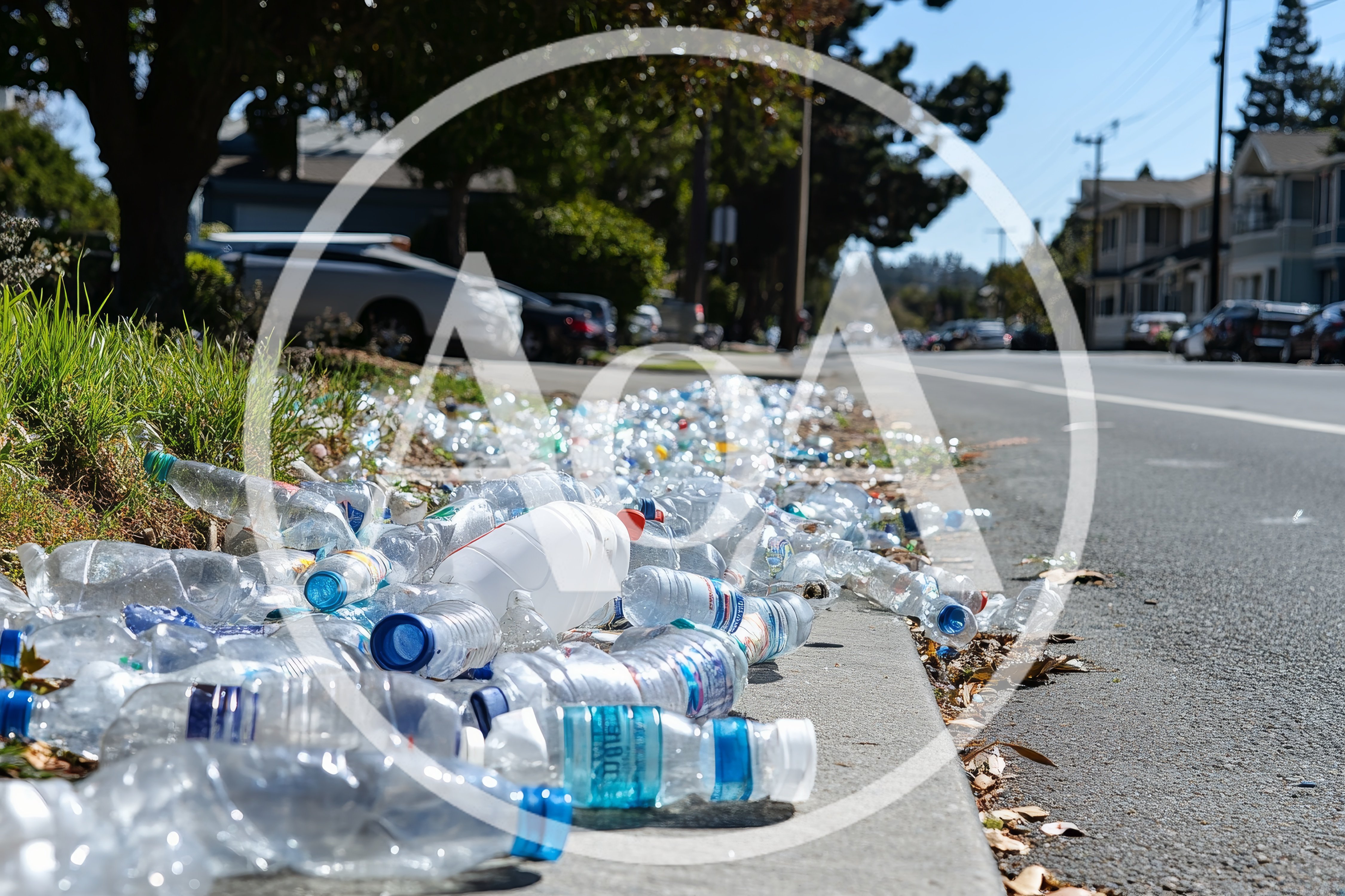 Plastic Bottles Littering A Suburban Street Curb