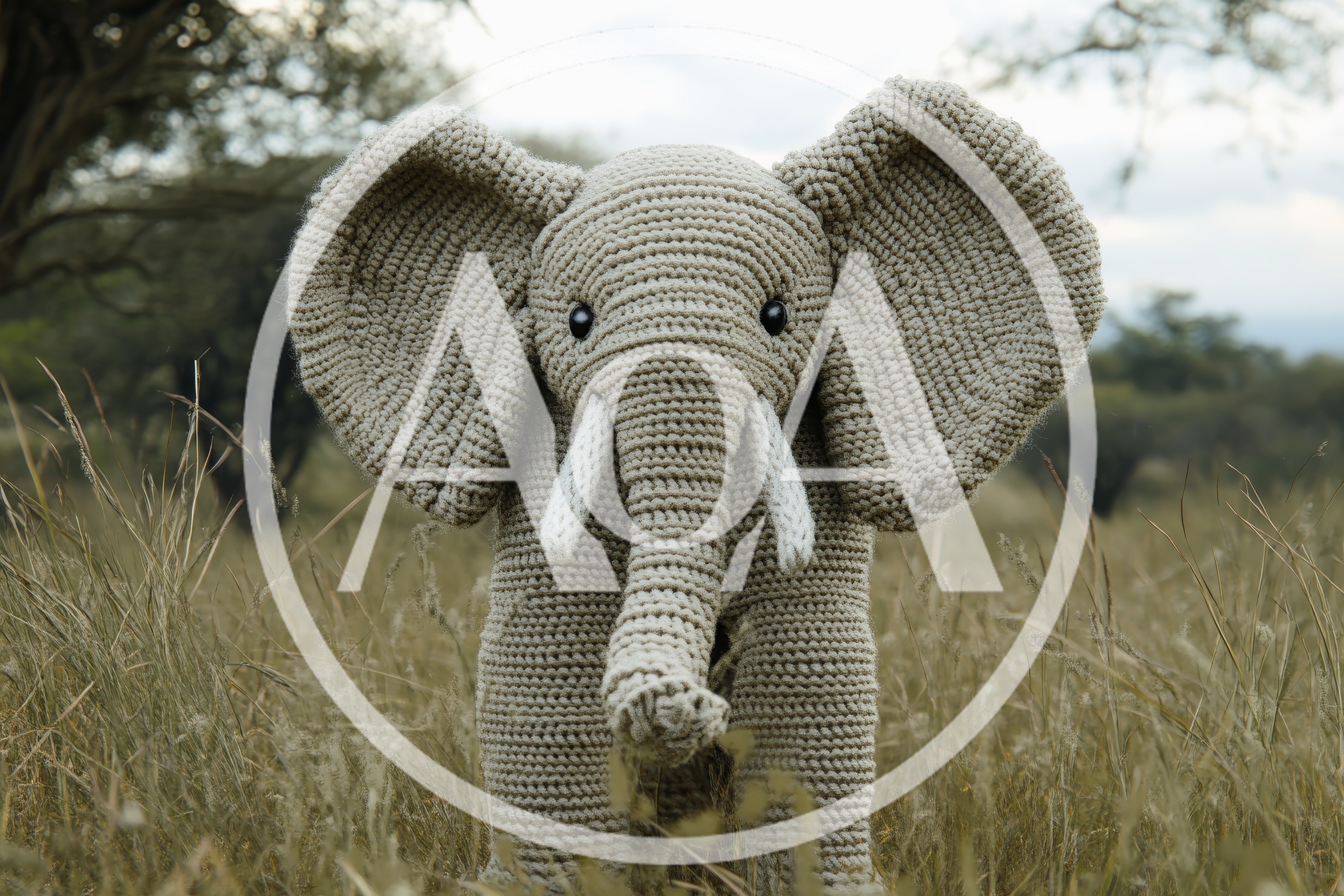 Crocheted Elephant Toy Standing In African Savanna Grass