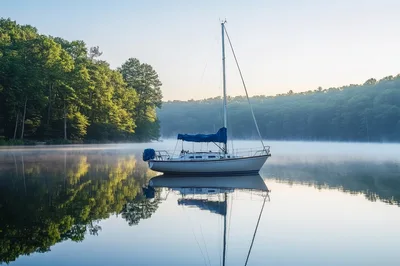 Sailboat Moored on a Calm Misty Lake at Sunrise