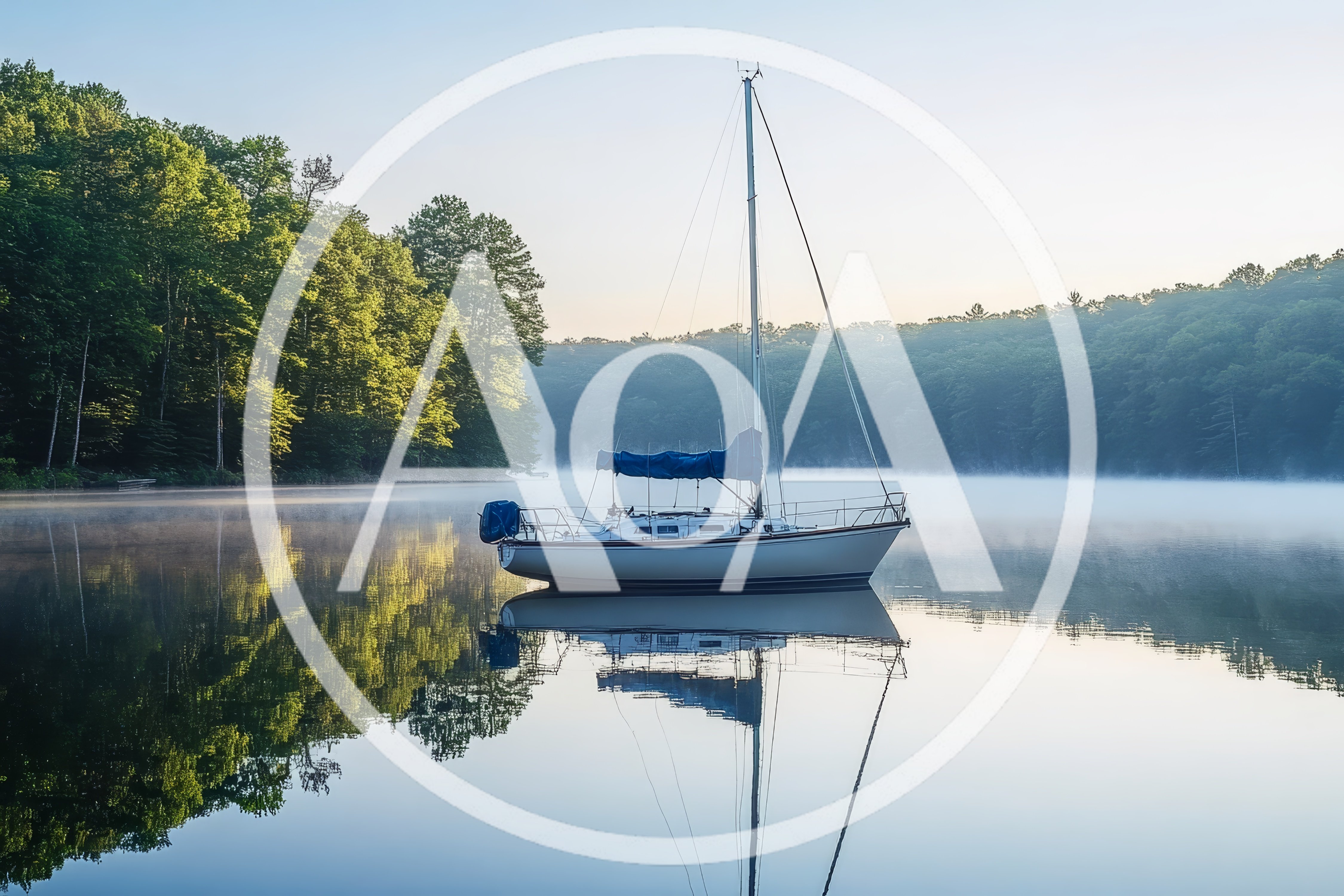Sailboat Moored on a Calm Misty Lake at Sunrise