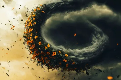 Surreal Tornado Of Vibrant Orange Flowers And Dark Clouds
