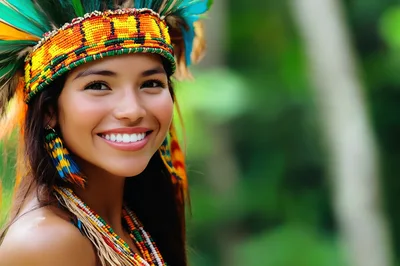Portrait Of A Smiling Indigenous Woman In Traditional Headdress