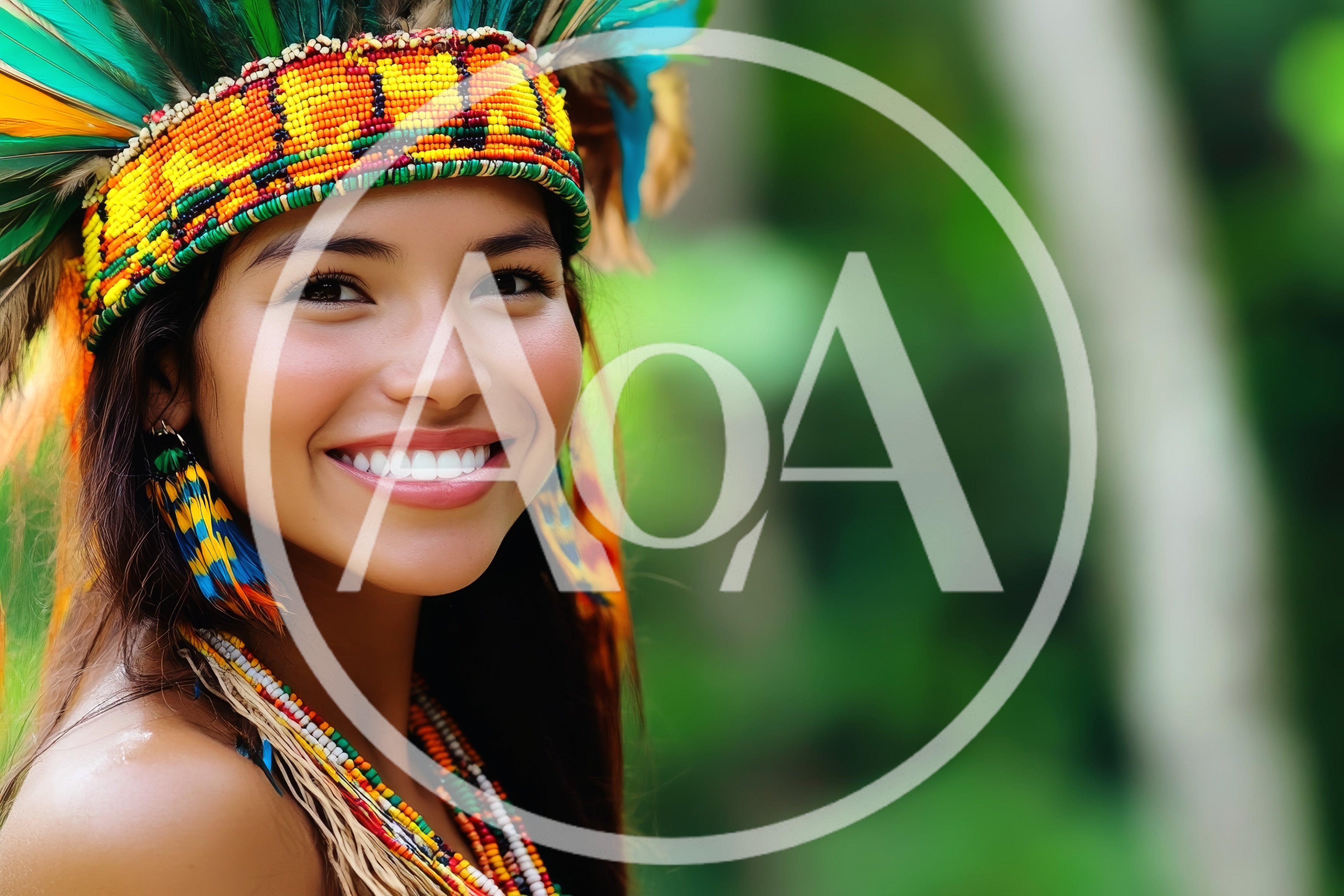 Portrait Of A Smiling Indigenous Woman In Traditional Headdress