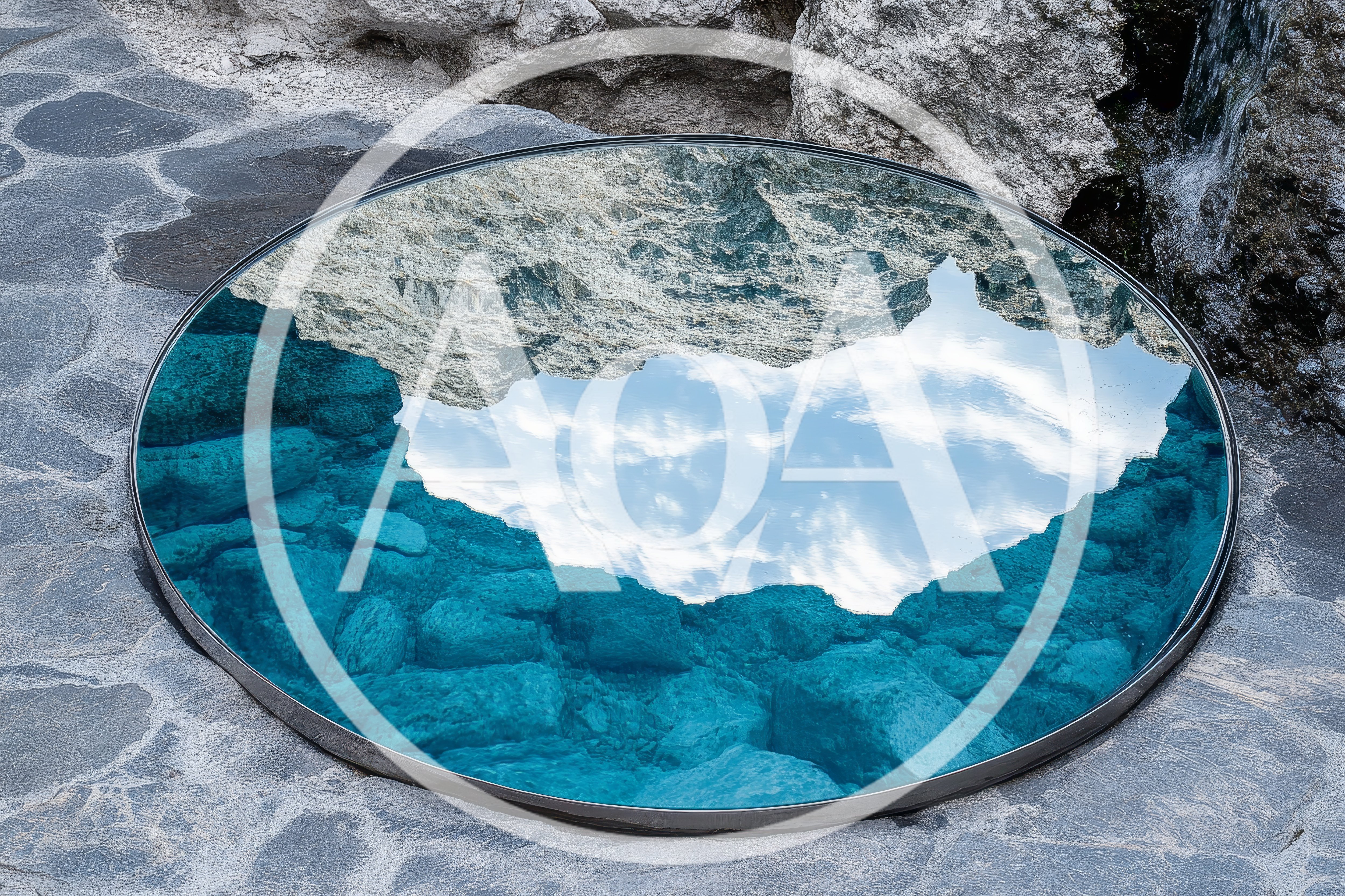 Circular Mirror Reflecting Mountain Landscape and Blue Sky