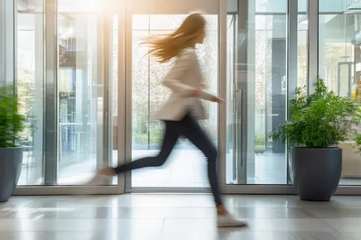 Businesswoman Running Through Modern Office Building Lobby