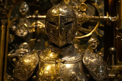 Ornate Golden Medieval Knight Armor Display