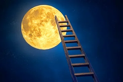 Wooden Ladder Reaching Towards A Glowing Full Moon
