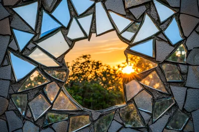 Sunset View Through A Broken Mirror Mosaic Frame