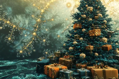 Christmas Tree With Golden Gifts And Festive Lights
