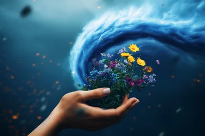 Hand Holding A Vibrant Bouquet Against A Swirling Nebula