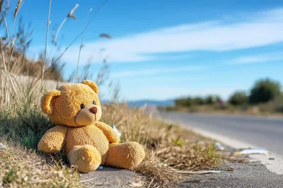 Lost Teddy Bear Sitting On The Roadside