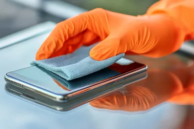 Person Cleaning Smartphone Screen With Microfiber Cloth