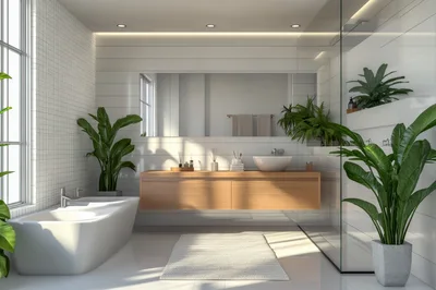 Modern Minimalist Bathroom Interior With Wooden Vanity