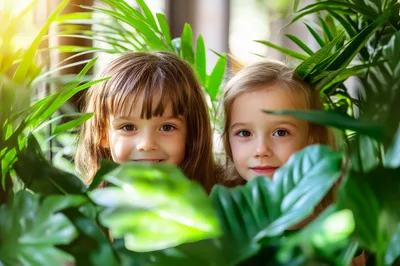 Two Young Girls Peeking Through Lush Green Foliage