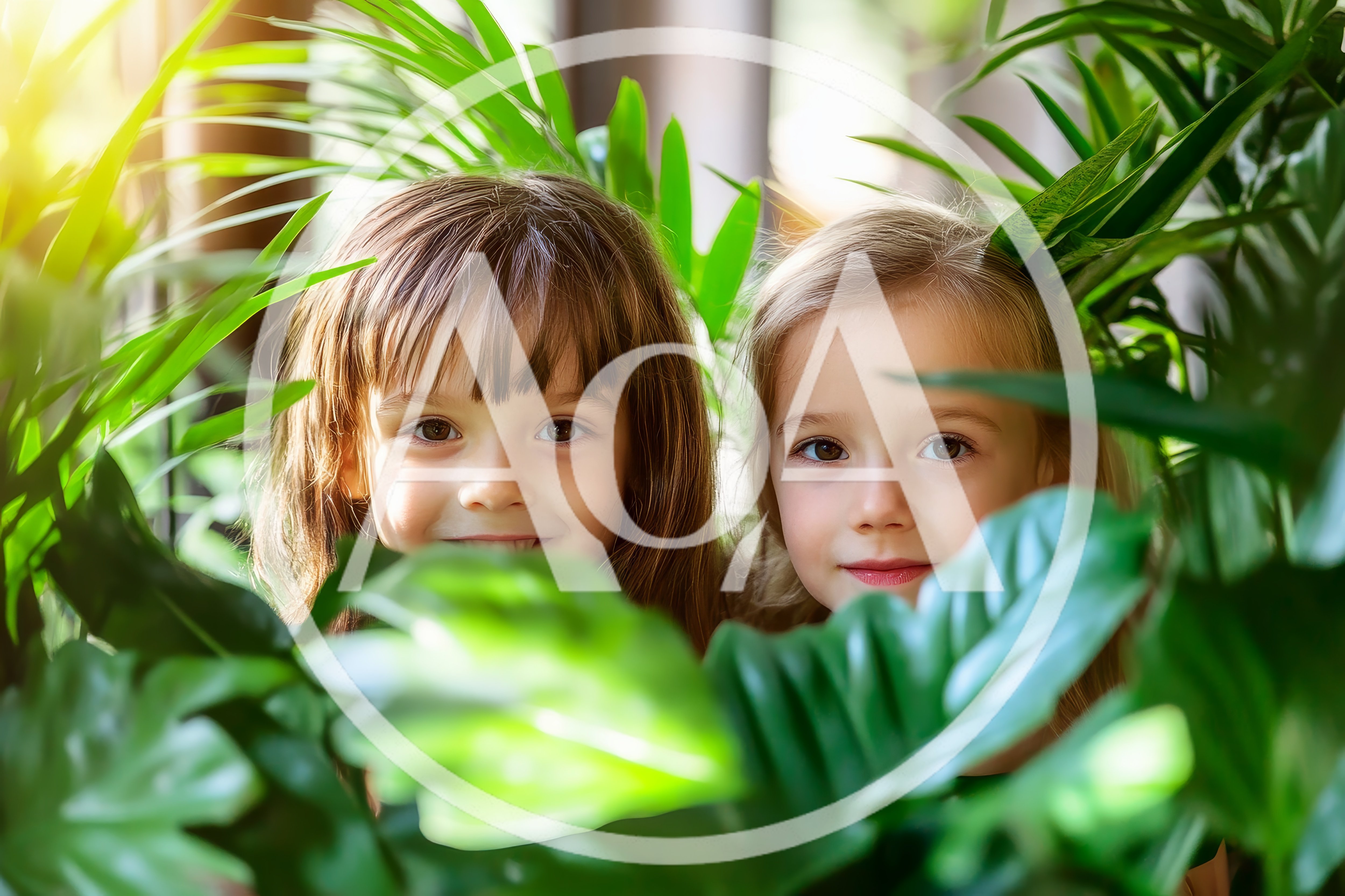 Two Young Girls Peeking Through Lush Green Foliage