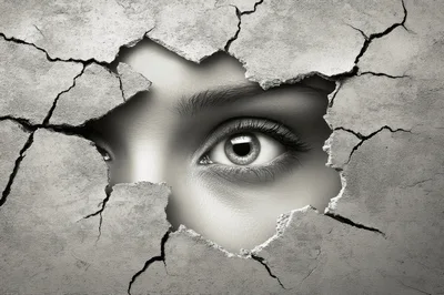 Human Eye Peering Through A Cracked Concrete Wall