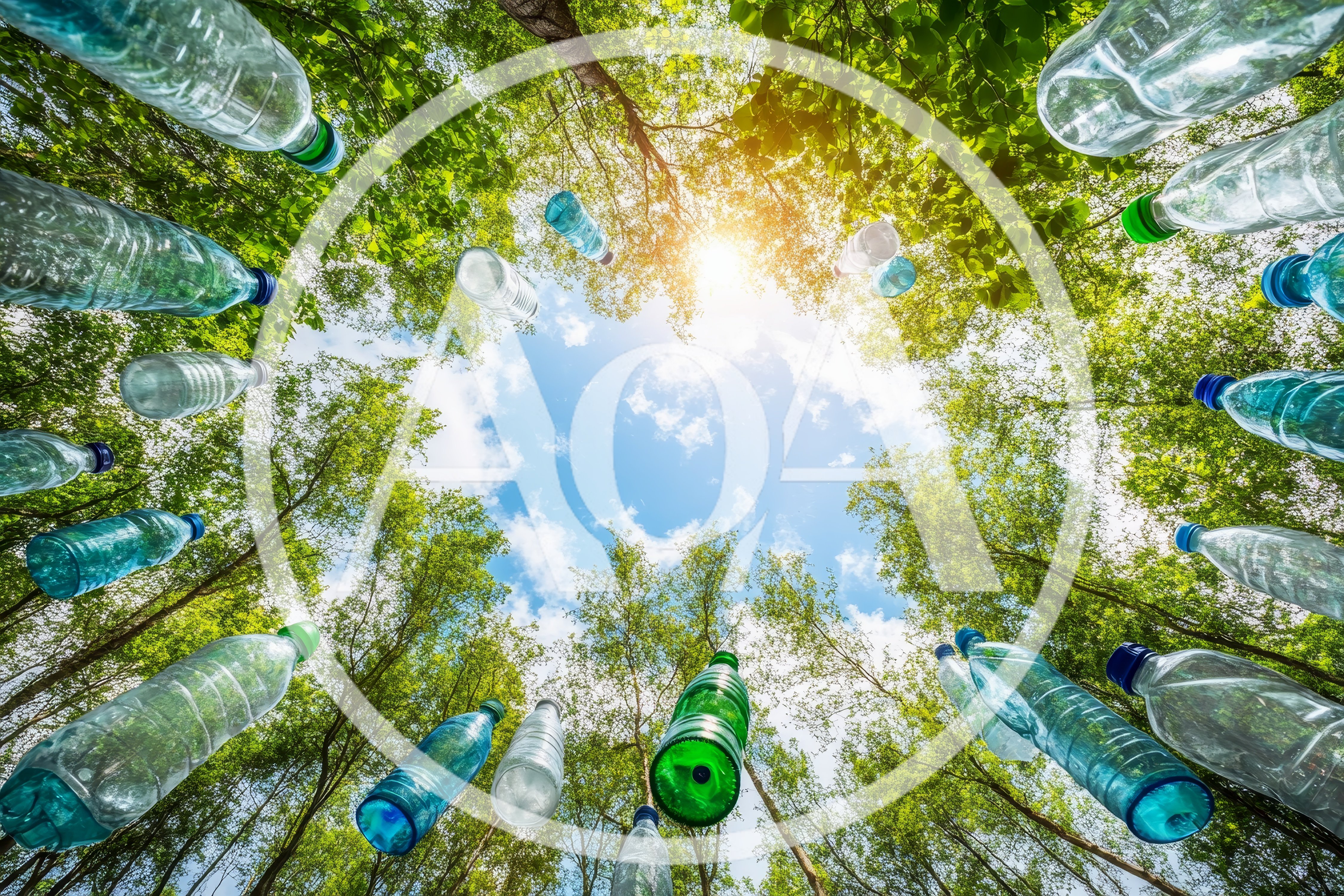Plastic Bottles Floating Above Lush Green Forest Canopy