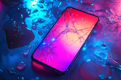 Broken Smartphone Screen On Wet Surface With Neon Lighting