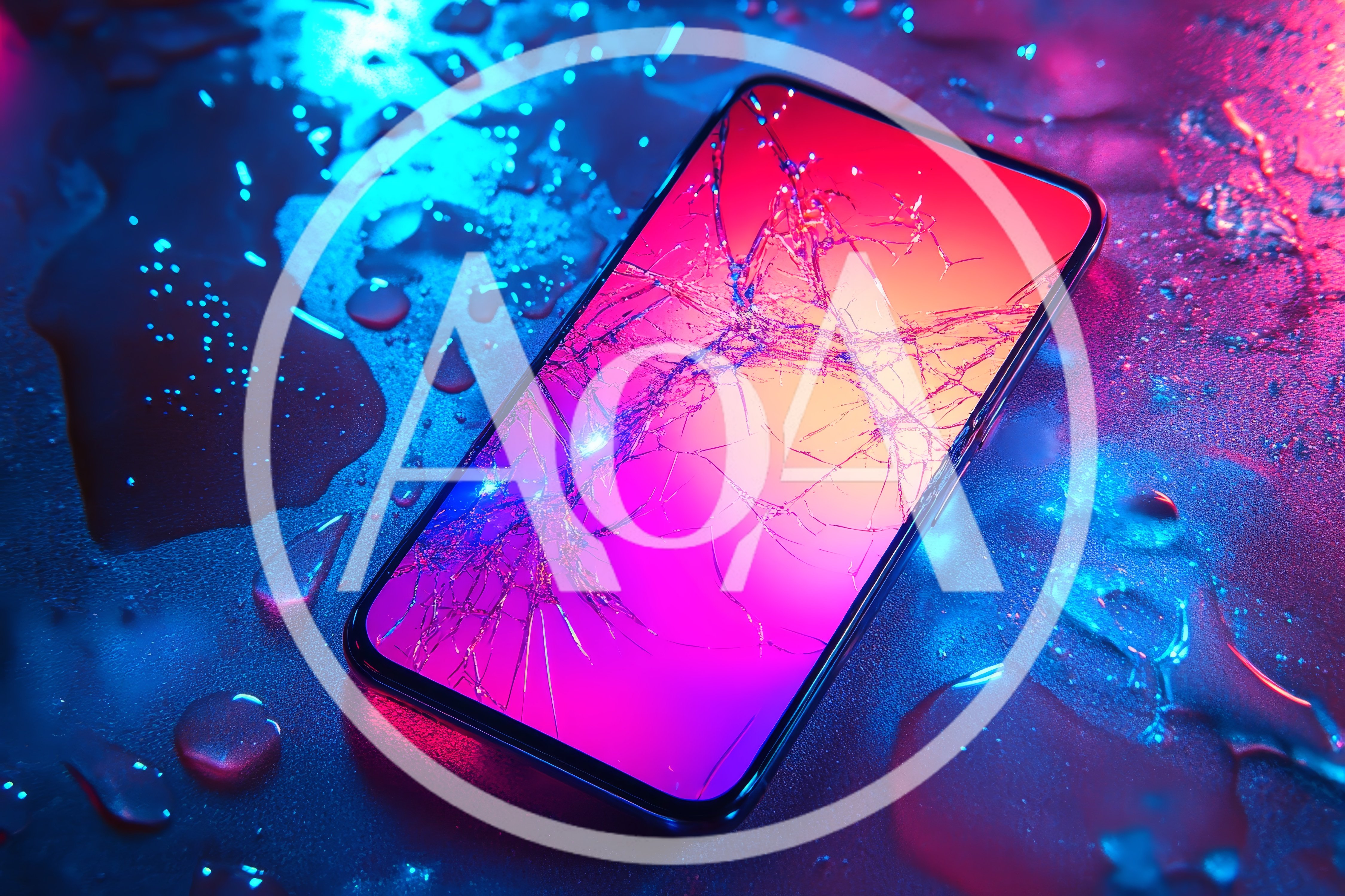 Broken Smartphone Screen On Wet Surface With Neon Lighting
