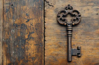 Antique Skeleton Key Resting On Weathered Wooden Surface