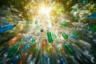 Plastic Bottles Floating In A Lush Green Forest