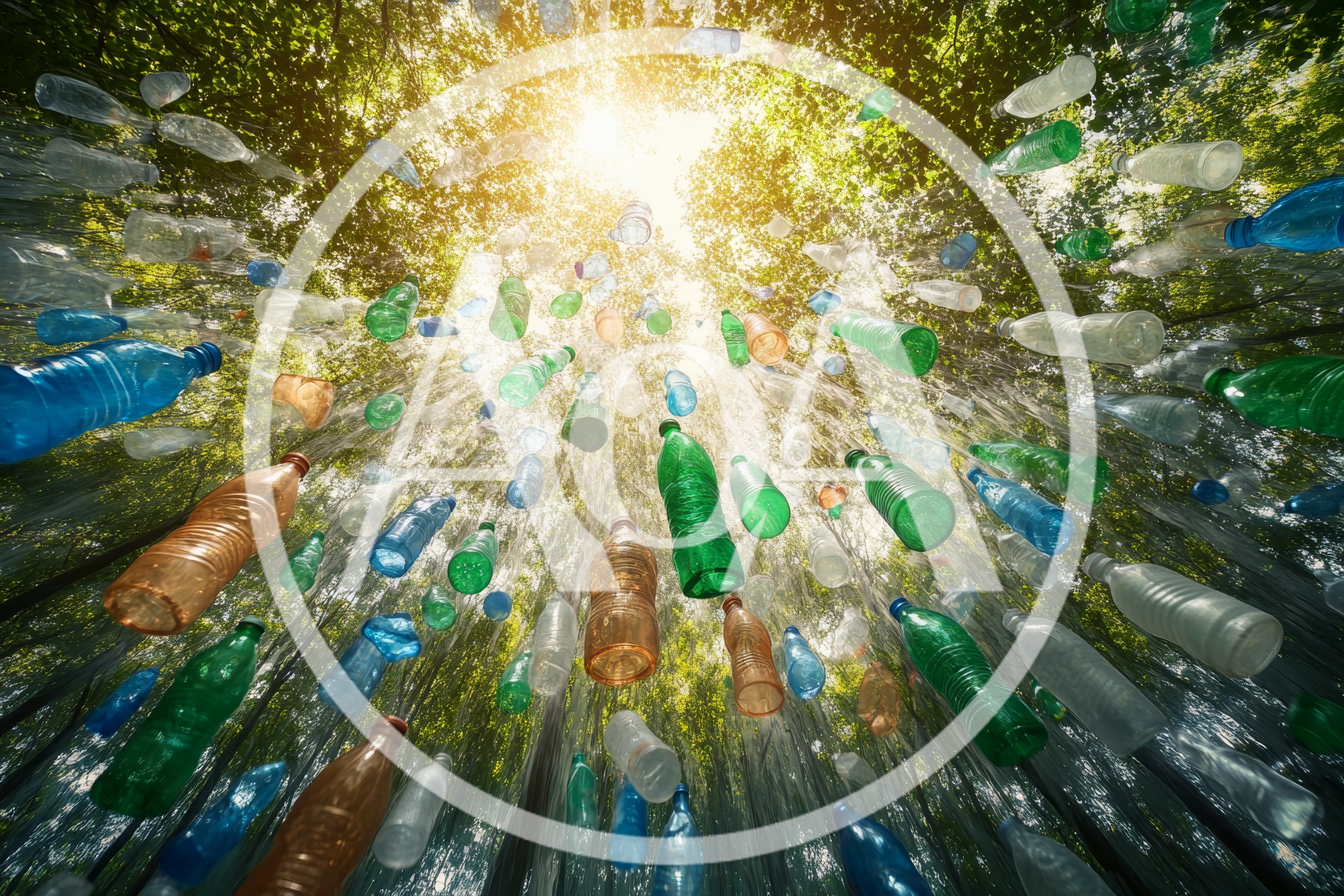 Plastic Bottles Floating In A Lush Green Forest