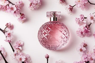Pink Perfume Bottle Surrounded By Cherry Blossom Branches