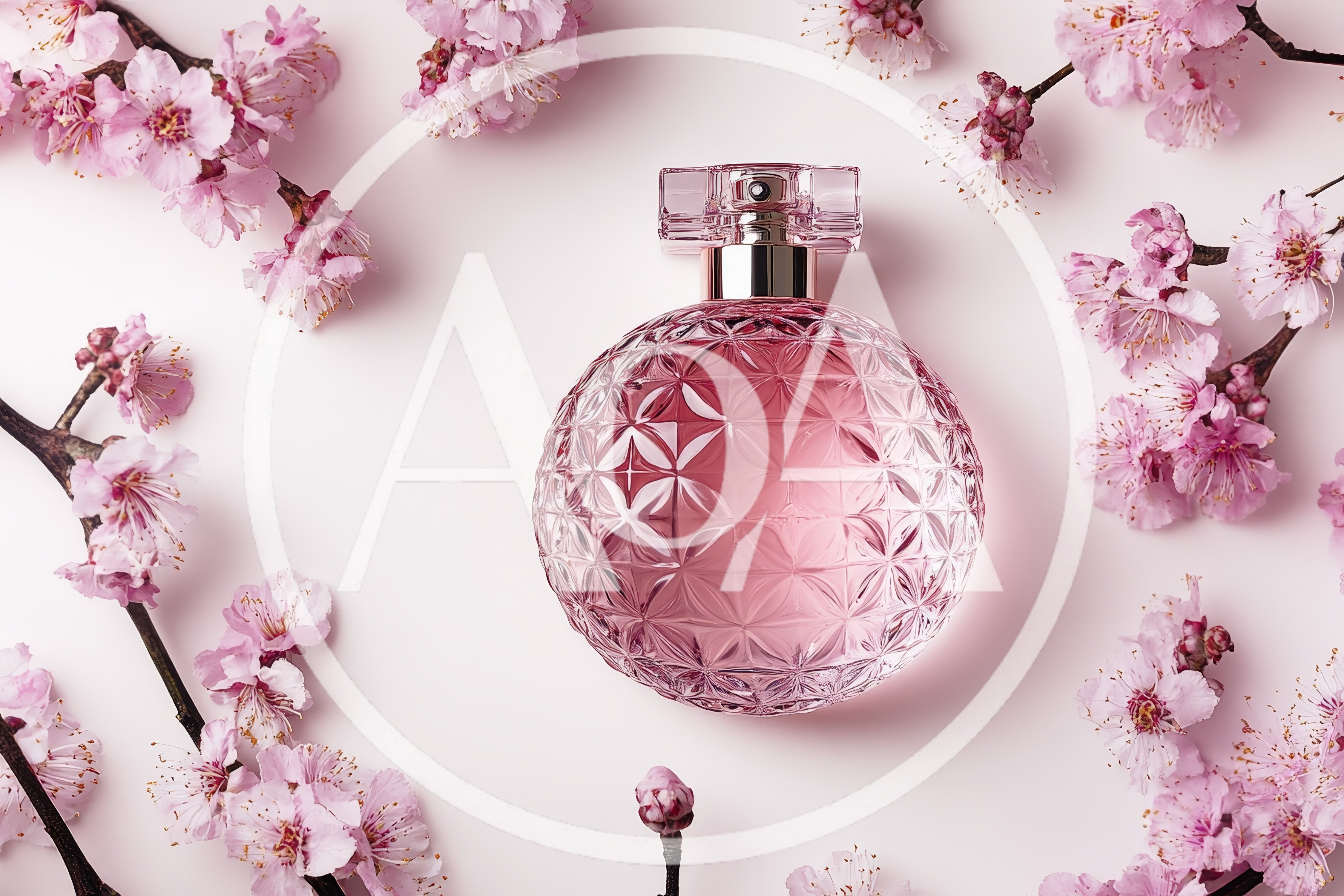 Pink Perfume Bottle Surrounded By Cherry Blossom Branches