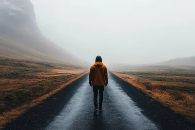 Person Walking Alone On A Misty Road