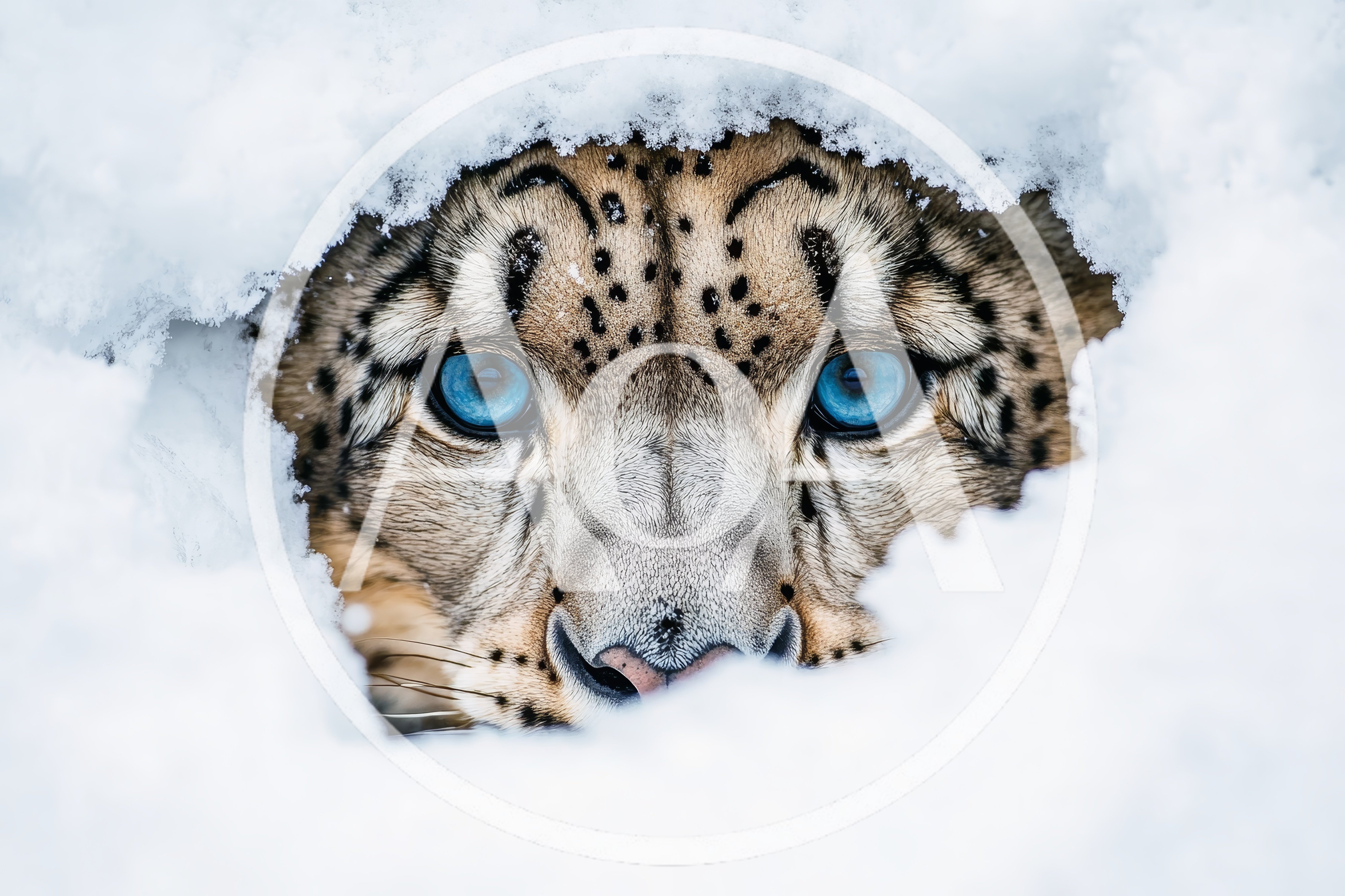 Snow Leopard Peering Through Deep Winter Snow
