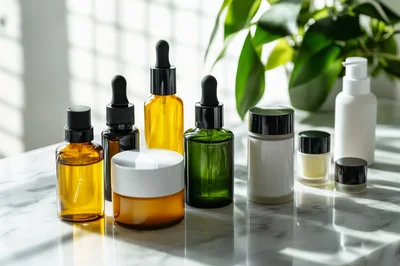 Assorted Skincare Bottles On A Marble Surface