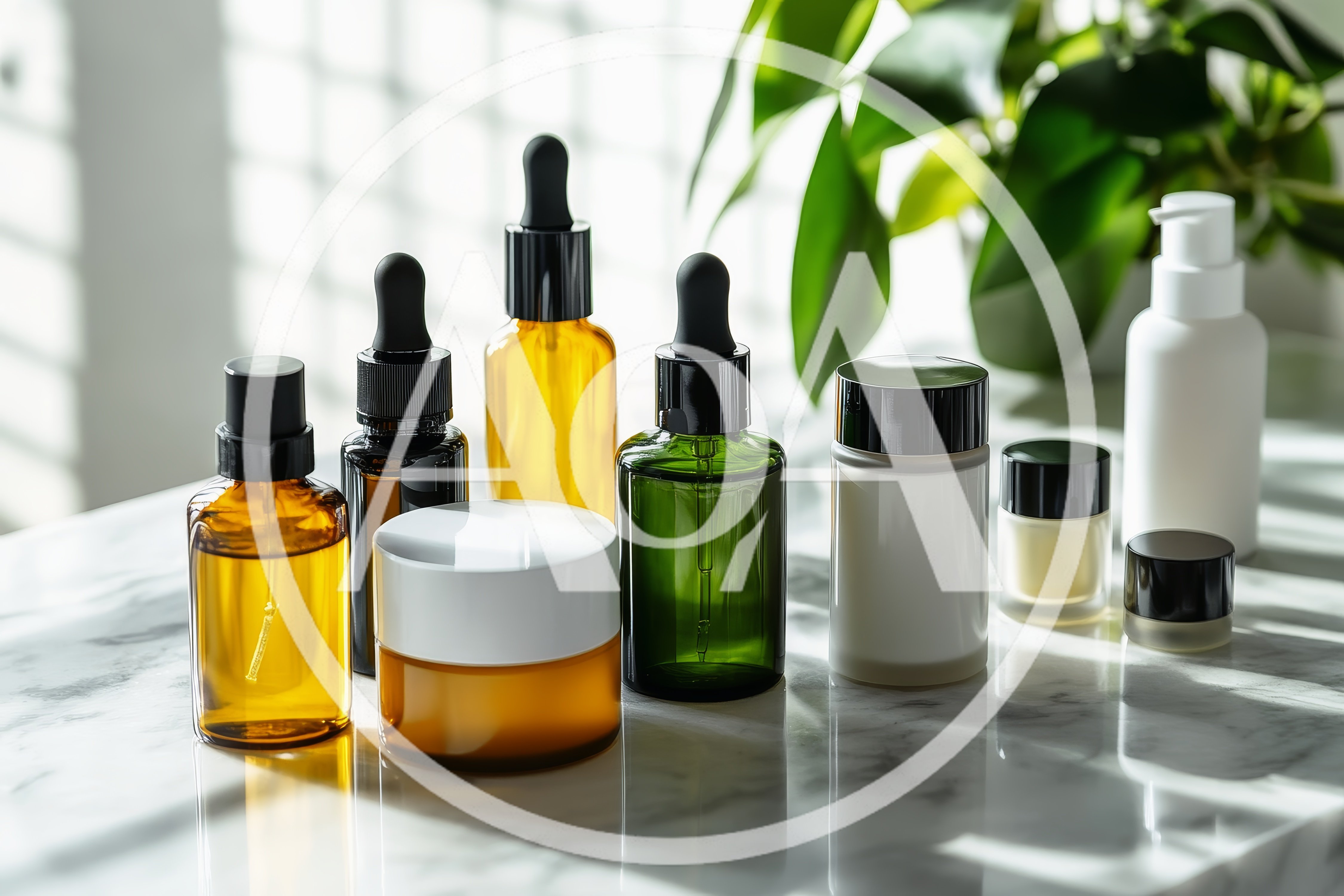 Assorted Skincare Bottles On A Marble Surface