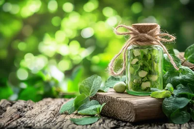 Glass Jar Filled With Fresh Green Herbs