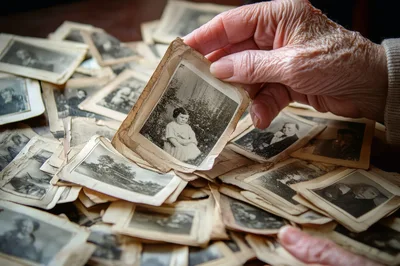 Elderly Hands Holding Vintage Black and White Photograph