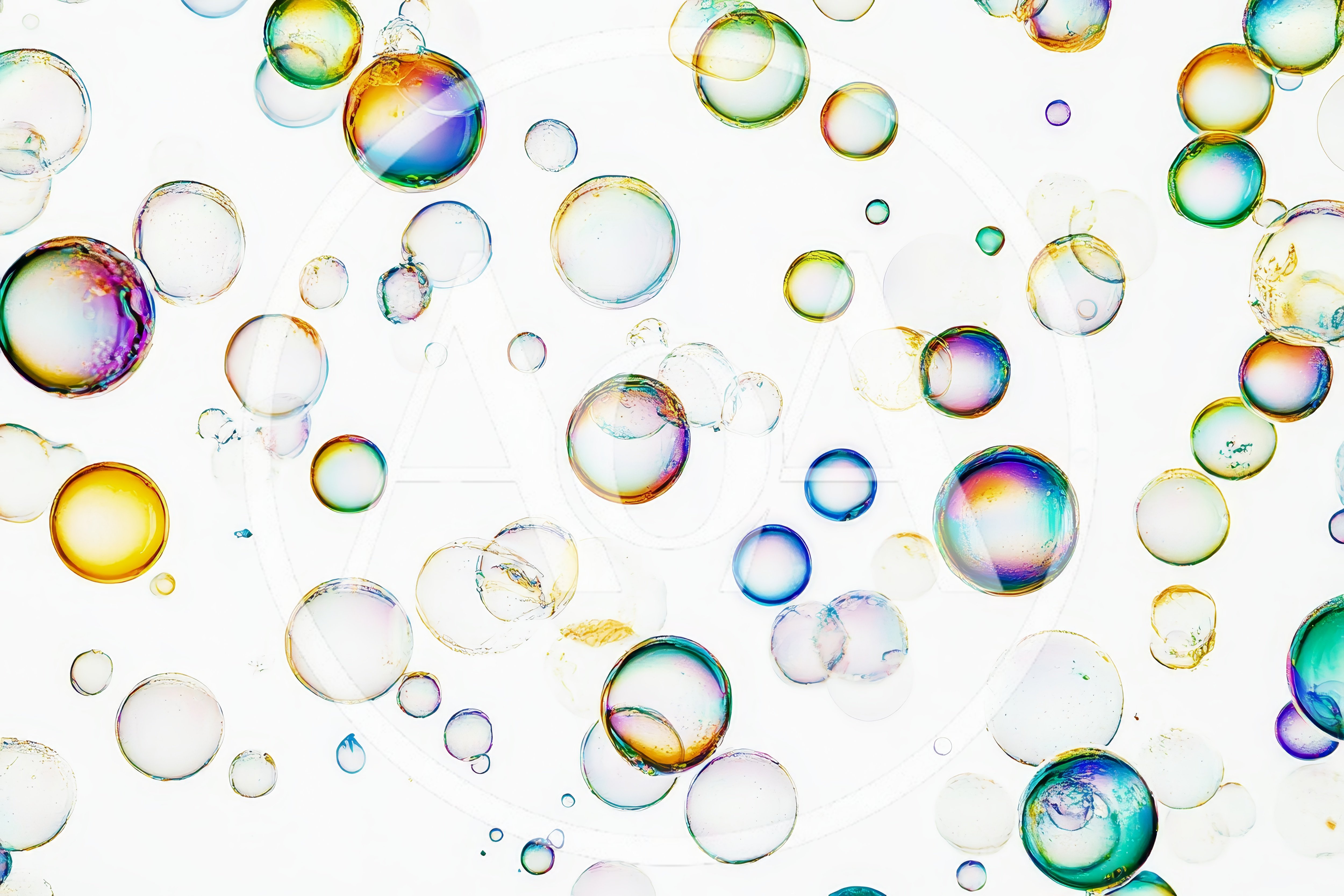 Floating Iridescent Soap Bubbles On White Background