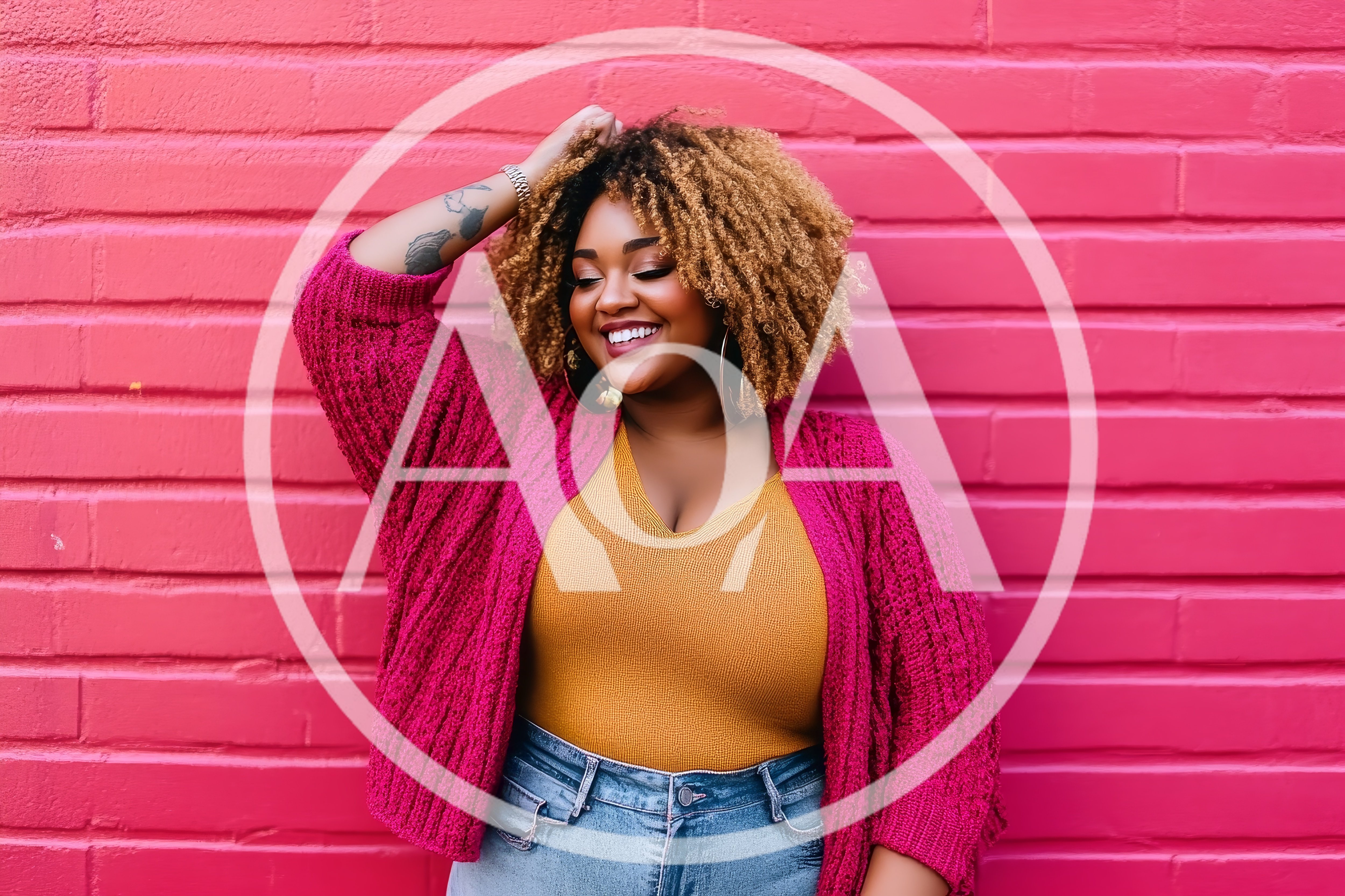 Smiling Woman With Curly Hair Posing Against Pink Wall