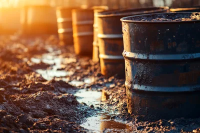 Rusty Industrial Oil Barrels In Muddy Field