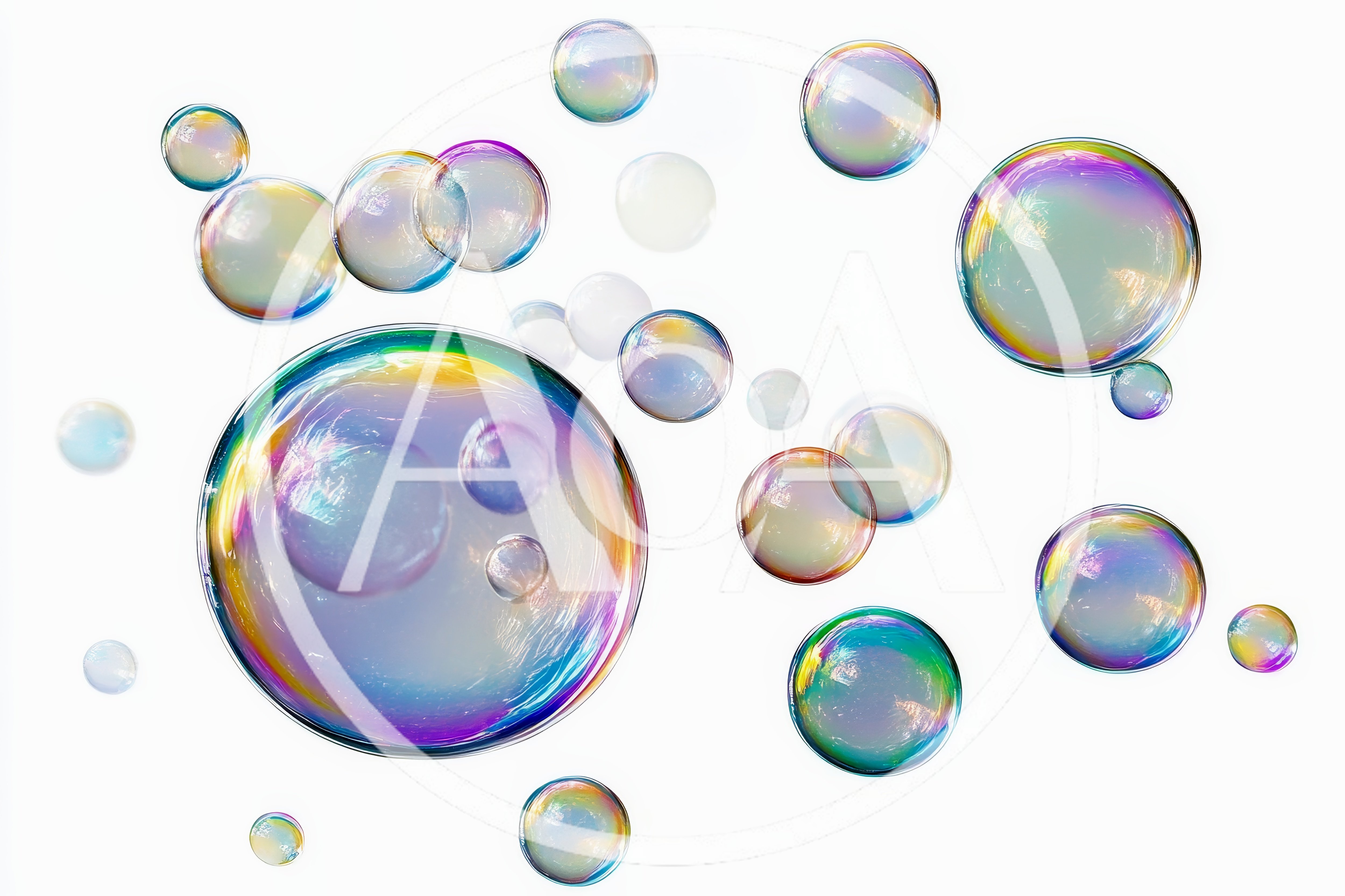 Floating Iridescent Soap Bubbles On White Background